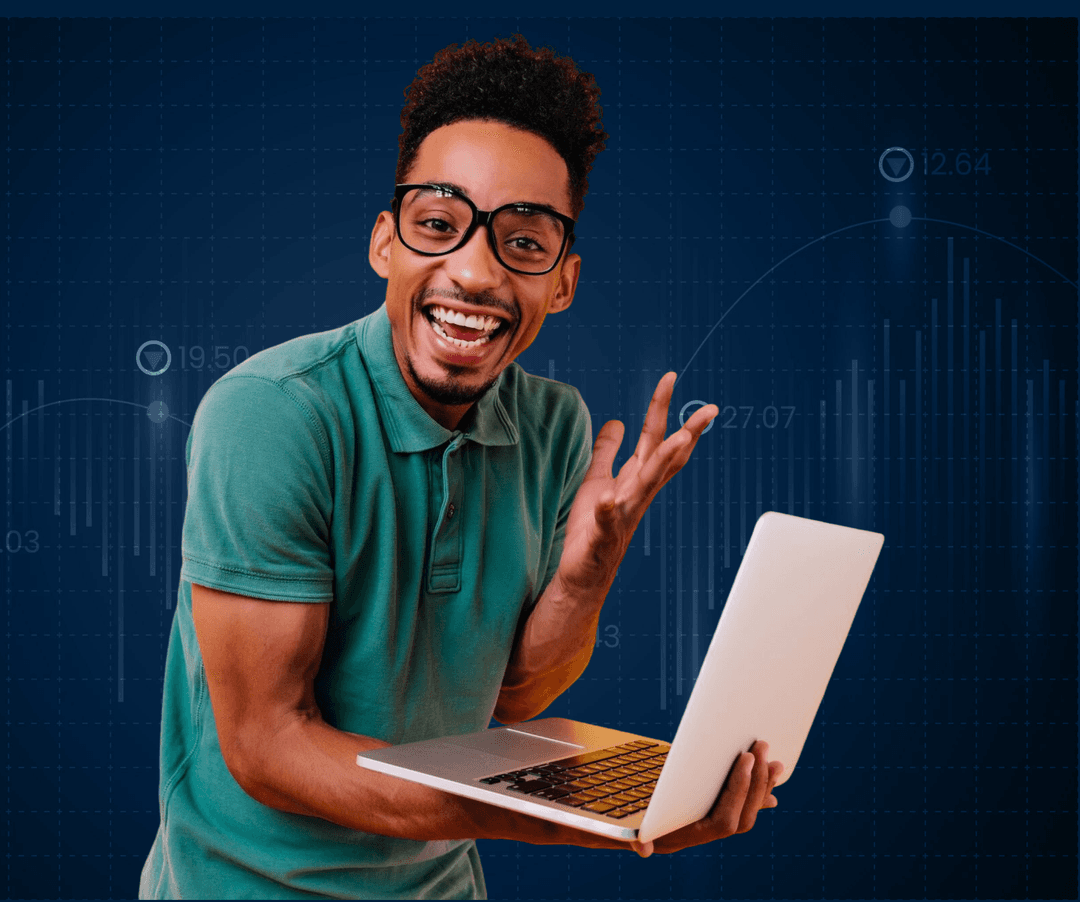 Excited student with laptop